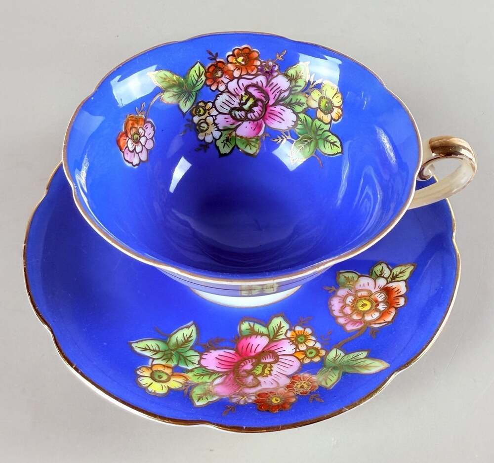 Vintage Jyoto China Occupied Japan Cobalt Blue Floral Teacup Saucer Gold Trim